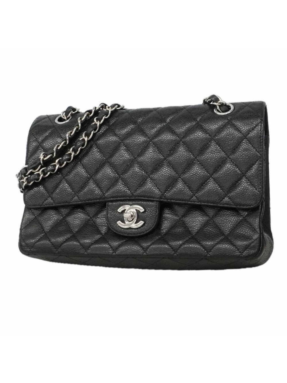 Chanel Shoulder Bag Quilted Caviar Leather Black Silver